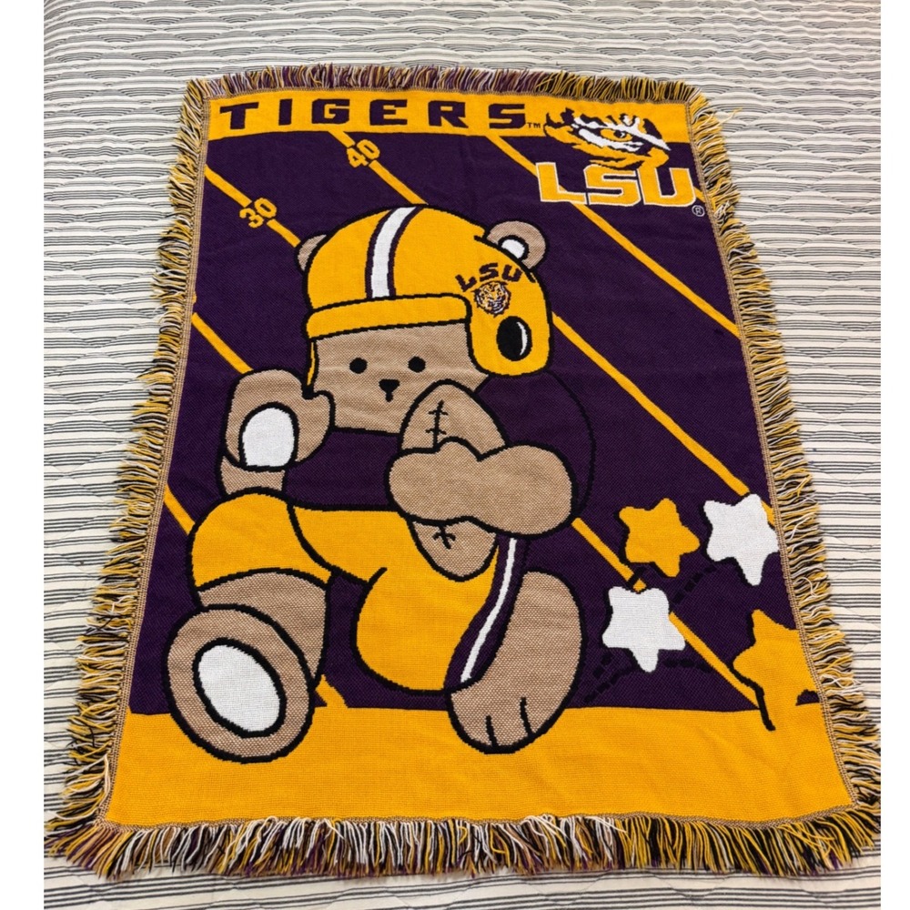 LSU Tigers Throw Blanket Purple Woven Football Teddy Bear Tapestry 45x35"